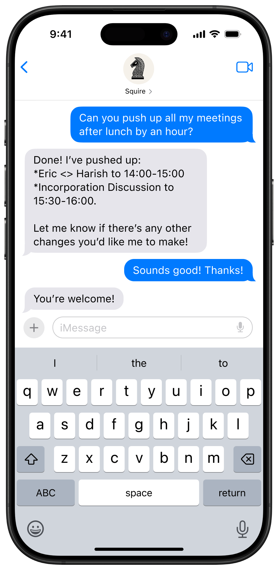 Squire on iMessage - AI secretary conversation
